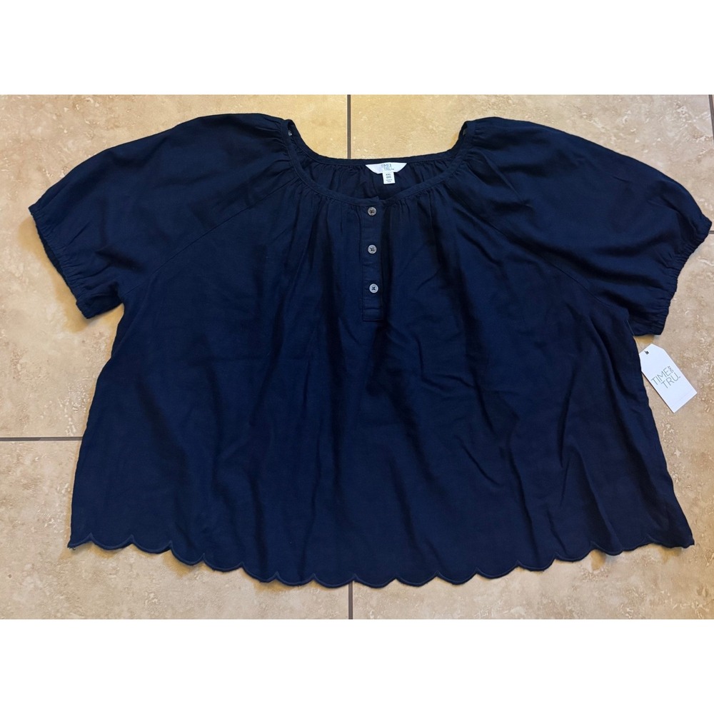 Time and Tru Blouse Women XXL Navy Blue Linen Blend Scallop Hem Henley Top NEW